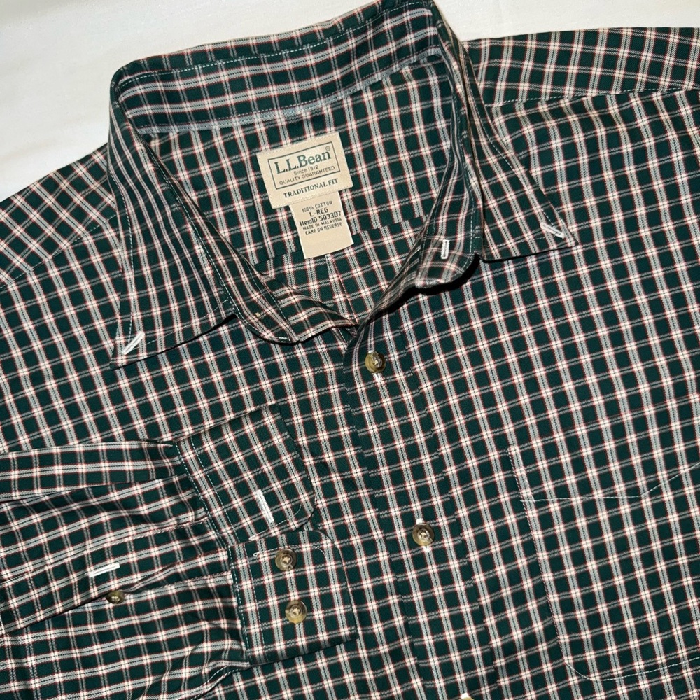 L.L. Bean traditional fit Men's Green Plaid Shirt long sleeve Large regular